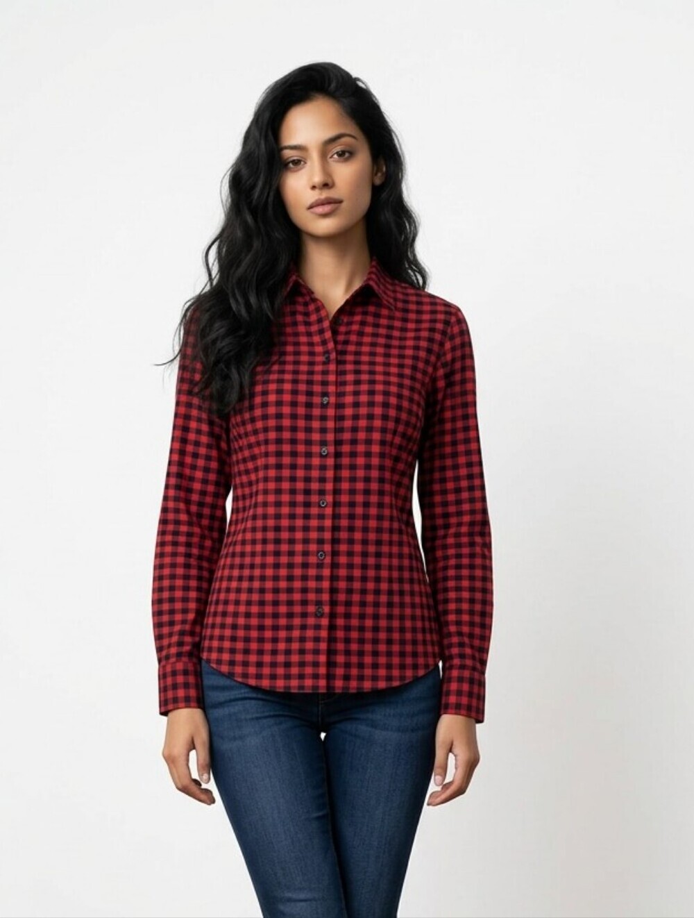 NWT Chaps Women's Fitted Red and Navy Gingham Plaid Button-Up Shirt ~M